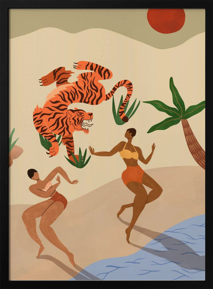 A modern, stylized illustration of a beach scene featuring a large, leaping orange tiger with black stripes. Two dark-skinned women in bikinis dance on the sand near a palm tree and blue water, under a red sun. Print