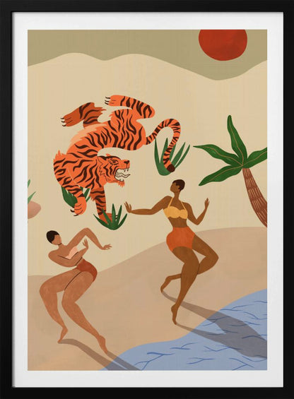 A modern, stylized illustration of a beach scene featuring a large, leaping orange tiger with black stripes. Two dark-skinned women in bikinis dance on the sand near a palm tree and blue water, under a red sun. Print