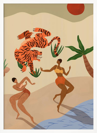 A modern, stylized illustration of a beach scene featuring a large, leaping orange tiger with black stripes. Two dark-skinned women in bikinis dance on the sand near a palm tree and blue water, under a red sun. Print