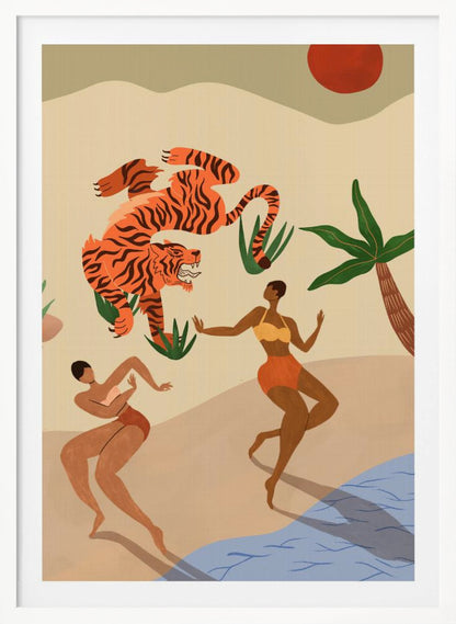 A modern, stylized illustration of a beach scene featuring a large, leaping orange tiger with black stripes. Two dark-skinned women in bikinis dance on the sand near a palm tree and blue water, under a red sun. Print