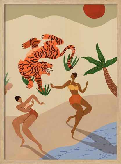 A modern, stylized illustration of a beach scene featuring a large, leaping orange tiger with black stripes. Two dark-skinned women in bikinis dance on the sand near a palm tree and blue water, under a red sun. Print