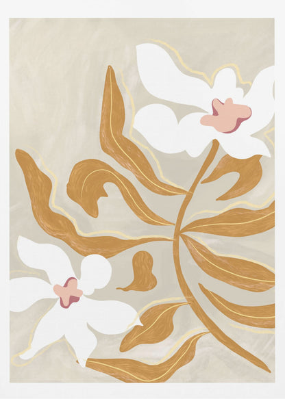 A modern, stylized illustration of two large white flowers with pink centers and numerous ochre-brown leaves on a textured, light beige background, enclosed in a black frame. Poster