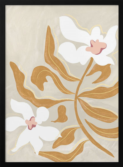 A modern, stylized illustration of two large white flowers with pink centers and numerous ochre-brown leaves on a textured, light beige background, enclosed in a black frame. Poster