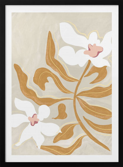 A modern, stylized illustration of two large white flowers with pink centers and numerous ochre-brown leaves on a textured, light beige background, enclosed in a black frame. Poster