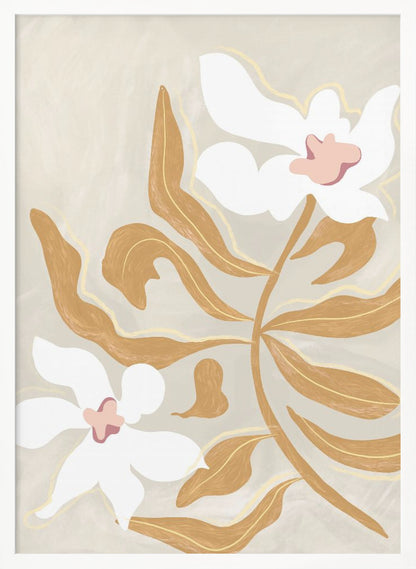 A modern, stylized illustration of two large white flowers with pink centers and numerous ochre-brown leaves on a textured, light beige background, enclosed in a black frame. Poster
