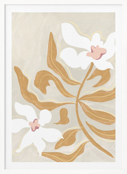 A modern, stylized illustration of two large white flowers with pink centers and numerous ochre-brown leaves on a textured, light beige background, enclosed in a black frame. Poster