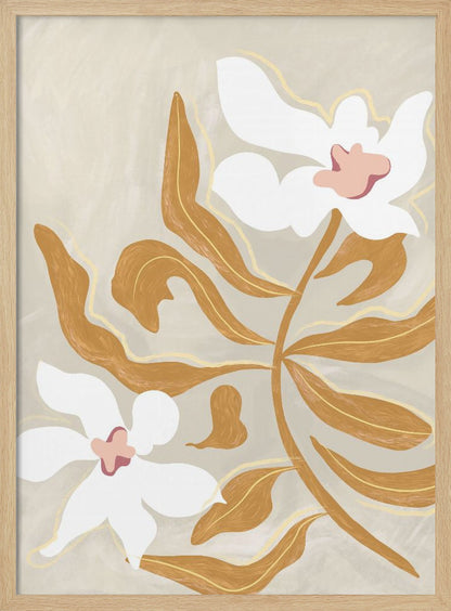 A modern, stylized illustration of two large white flowers with pink centers and numerous ochre-brown leaves on a textured, light beige background, enclosed in a black frame. Poster