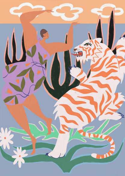 A stylized, colorful illustration depicting a woman in a purple, leaf-patterned dress dancing joyfully with a fierce white and orange tiger in a whimsical jungle setting. The background is light blue with large dark plants, and a peach-colored sky with white clouds is visible at the top. Decor