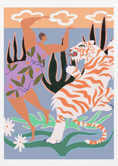 A stylized, colorful illustration depicting a woman in a purple, leaf-patterned dress dancing joyfully with a fierce white and orange tiger in a whimsical jungle setting. The background is light blue with large dark plants, and a peach-colored sky with white clouds is visible at the top. Decor