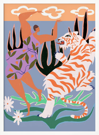 A stylized, colorful illustration depicting a woman in a purple, leaf-patterned dress dancing joyfully with a fierce white and orange tiger in a whimsical jungle setting. The background is light blue with large dark plants, and a peach-colored sky with white clouds is visible at the top. Decor