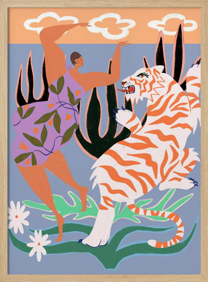 A stylized, colorful illustration depicting a woman in a purple, leaf-patterned dress dancing joyfully with a fierce white and orange tiger in a whimsical jungle setting. The background is light blue with large dark plants, and a peach-colored sky with white clouds is visible at the top. Decor