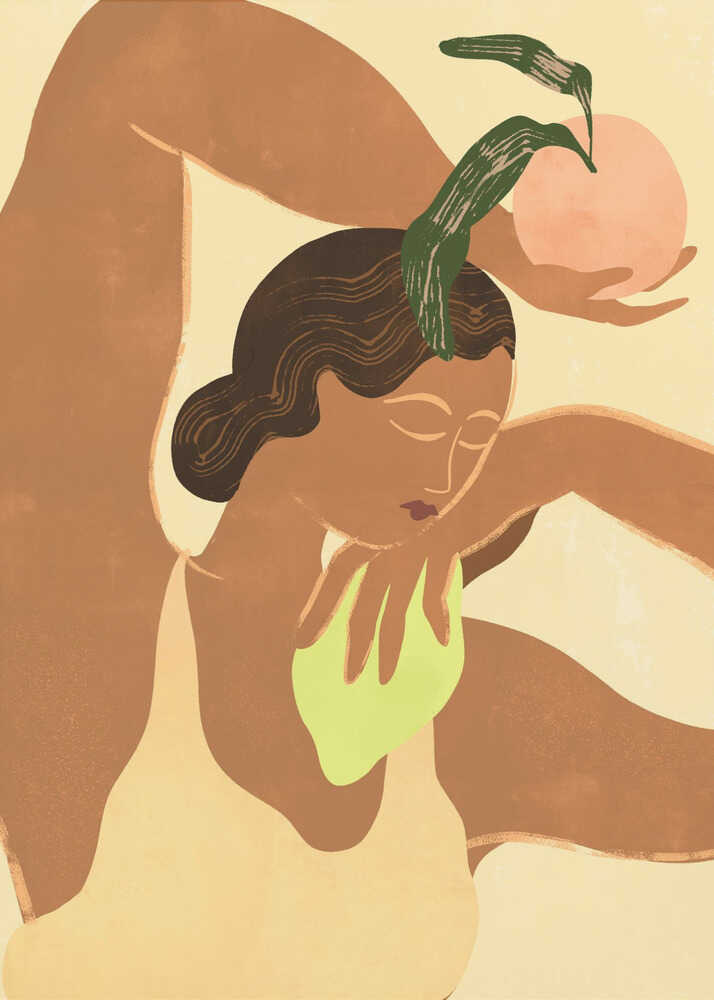 A modern, stylized illustration of a woman with brown skin in a flexible pose, with one leg bent over her head. She holds a pink fruit with green leaves in one hand, while the other rests on her chest. The background is a soft, pale yellow. Decor