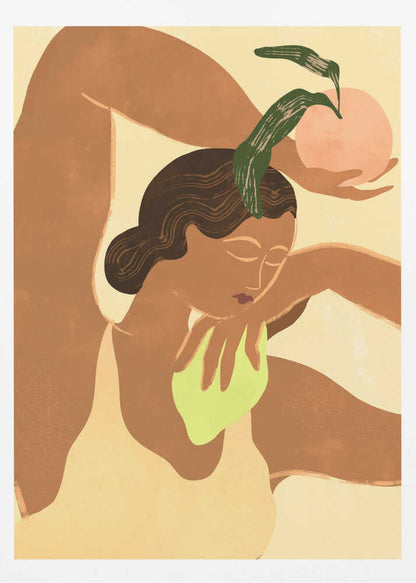 A modern, stylized illustration of a woman with brown skin in a flexible pose, with one leg bent over her head. She holds a pink fruit with green leaves in one hand, while the other rests on her chest. The background is a soft, pale yellow. Decor