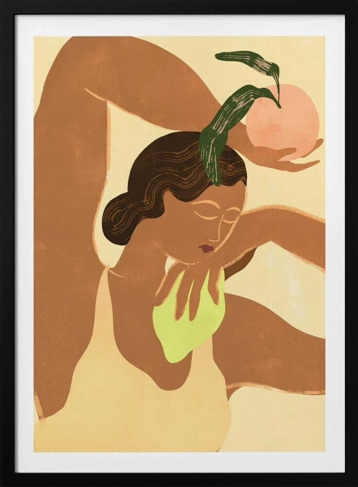 A modern, stylized illustration of a woman with brown skin in a flexible pose, with one leg bent over her head. She holds a pink fruit with green leaves in one hand, while the other rests on her chest. The background is a soft, pale yellow. Decor