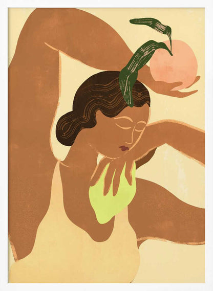 A modern, stylized illustration of a woman with brown skin in a flexible pose, with one leg bent over her head. She holds a pink fruit with green leaves in one hand, while the other rests on her chest. The background is a soft, pale yellow. Decor
