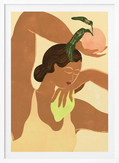 A modern, stylized illustration of a woman with brown skin in a flexible pose, with one leg bent over her head. She holds a pink fruit with green leaves in one hand, while the other rests on her chest. The background is a soft, pale yellow. Decor