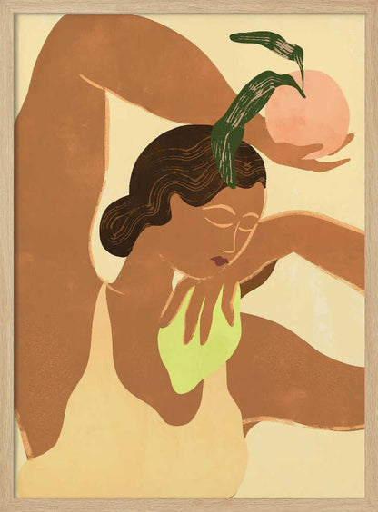 A modern, stylized illustration of a woman with brown skin in a flexible pose, with one leg bent over her head. She holds a pink fruit with green leaves in one hand, while the other rests on her chest. The background is a soft, pale yellow. Decor