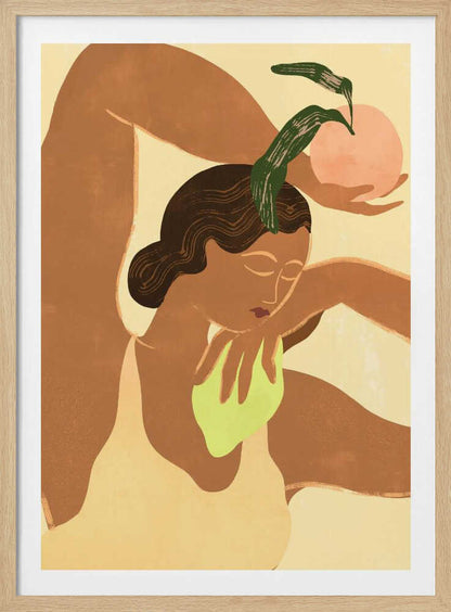 A modern, stylized illustration of a woman with brown skin in a flexible pose, with one leg bent over her head. She holds a pink fruit with green leaves in one hand, while the other rests on her chest. The background is a soft, pale yellow. Decor
