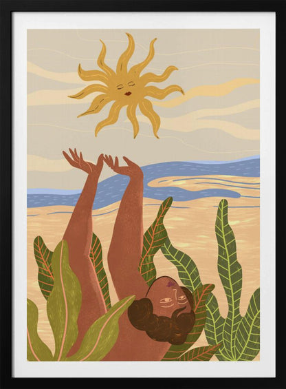 An art print titled 'Sun Worship' depicting a stylized sun, possibly with abstract or spiritual elements, in warm tones. Decor