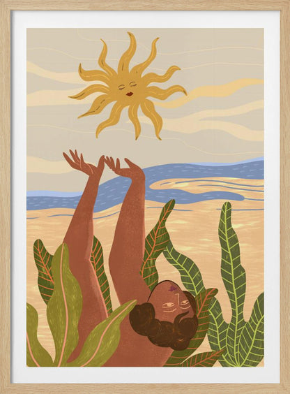 An art print titled 'Sun Worship' depicting a stylized sun, possibly with abstract or spiritual elements, in warm tones. Decor