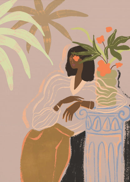 A stylized illustration of a Black woman with an orange flower over one eye, wearing a sheer white blouse and brown skirt, leaning against a classical column holding a vase of flowers, surrounded by tropical leaves against a muted pink background. Print