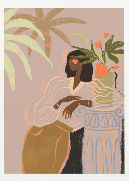A stylized illustration of a Black woman with an orange flower over one eye, wearing a sheer white blouse and brown skirt, leaning against a classical column holding a vase of flowers, surrounded by tropical leaves against a muted pink background. Print