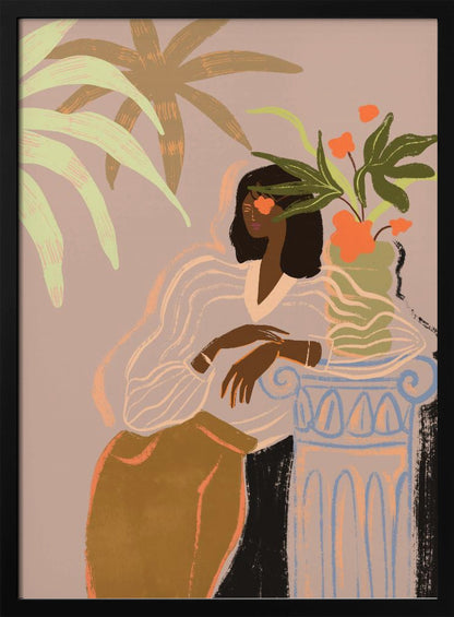 A stylized illustration of a Black woman with an orange flower over one eye, wearing a sheer white blouse and brown skirt, leaning against a classical column holding a vase of flowers, surrounded by tropical leaves against a muted pink background. Print