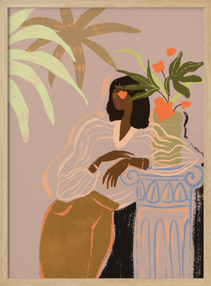 A stylized illustration of a Black woman with an orange flower over one eye, wearing a sheer white blouse and brown skirt, leaning against a classical column holding a vase of flowers, surrounded by tropical leaves against a muted pink background. Print