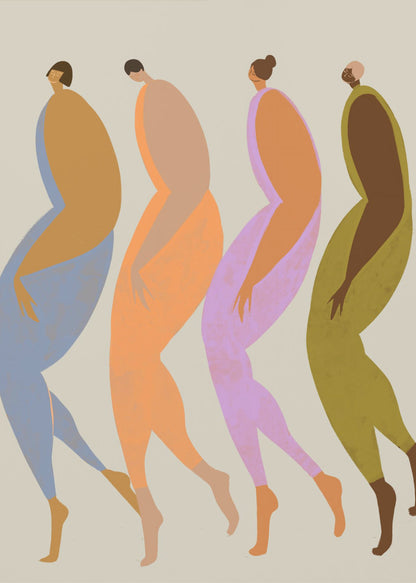A modern, minimalist illustration of four elongated, stylized human figures walking in a line. Each figure is depicted in profile using a unique, vibrant color palette of blue, orange, purple, and olive green, set against a neutral beige background within a black frame. Artwork