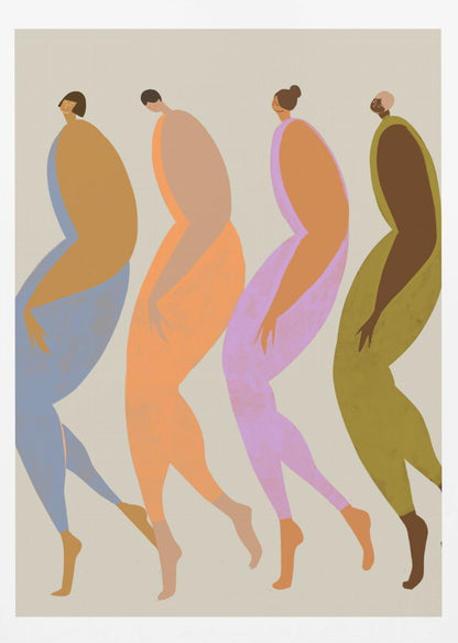 A modern, minimalist illustration of four elongated, stylized human figures walking in a line. Each figure is depicted in profile using a unique, vibrant color palette of blue, orange, purple, and olive green, set against a neutral beige background within a black frame. Artwork