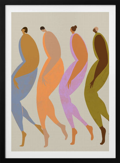A modern, minimalist illustration of four elongated, stylized human figures walking in a line. Each figure is depicted in profile using a unique, vibrant color palette of blue, orange, purple, and olive green, set against a neutral beige background within a black frame. Artwork