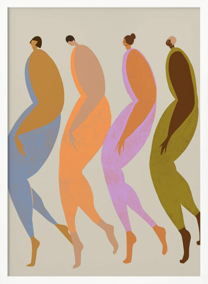 A modern, minimalist illustration of four elongated, stylized human figures walking in a line. Each figure is depicted in profile using a unique, vibrant color palette of blue, orange, purple, and olive green, set against a neutral beige background within a black frame. Artwork
