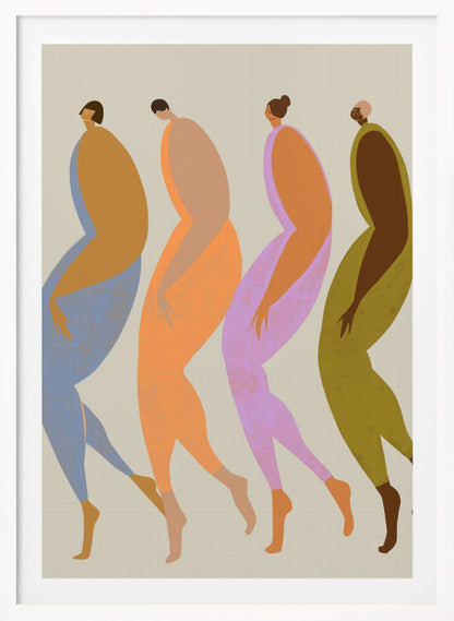 A modern, minimalist illustration of four elongated, stylized human figures walking in a line. Each figure is depicted in profile using a unique, vibrant color palette of blue, orange, purple, and olive green, set against a neutral beige background within a black frame. Artwork