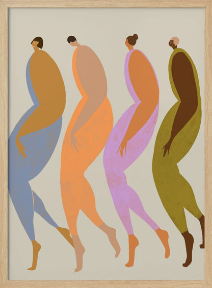 A modern, minimalist illustration of four elongated, stylized human figures walking in a line. Each figure is depicted in profile using a unique, vibrant color palette of blue, orange, purple, and olive green, set against a neutral beige background within a black frame. Artwork