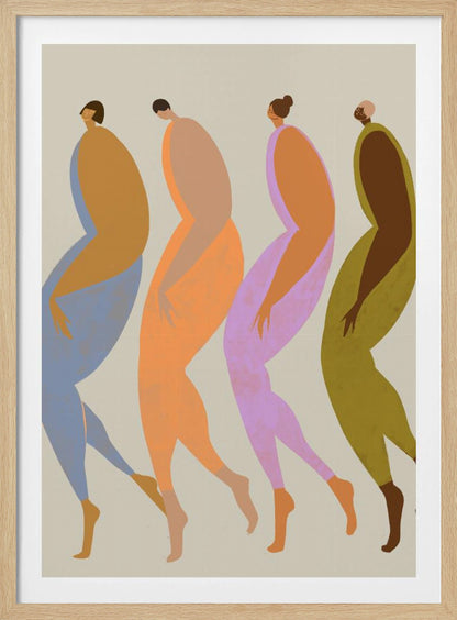 A modern, minimalist illustration of four elongated, stylized human figures walking in a line. Each figure is depicted in profile using a unique, vibrant color palette of blue, orange, purple, and olive green, set against a neutral beige background within a black frame. Artwork