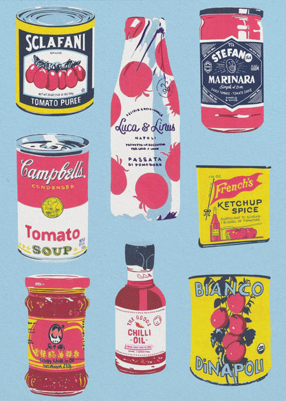 An illustrated art print featuring nine different vintage-style tomato products arranged in a grid on a light blue background. Products include Campbell's Tomato Soup, Sclafani Tomato Puree, and various other sauces, oils, and canned tomatoes. Artwork