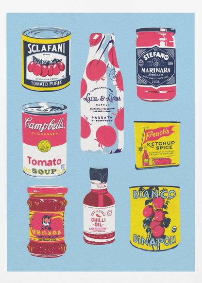 An illustrated art print featuring nine different vintage-style tomato products arranged in a grid on a light blue background. Products include Campbell's Tomato Soup, Sclafani Tomato Puree, and various other sauces, oils, and canned tomatoes. Artwork