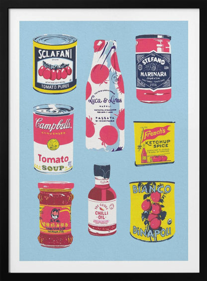 An illustrated art print featuring nine different vintage-style tomato products arranged in a grid on a light blue background. Products include Campbell's Tomato Soup, Sclafani Tomato Puree, and various other sauces, oils, and canned tomatoes. Artwork