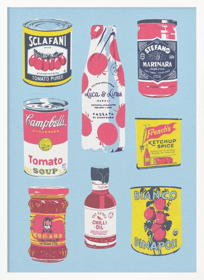 An illustrated art print featuring nine different vintage-style tomato products arranged in a grid on a light blue background. Products include Campbell's Tomato Soup, Sclafani Tomato Puree, and various other sauces, oils, and canned tomatoes. Artwork