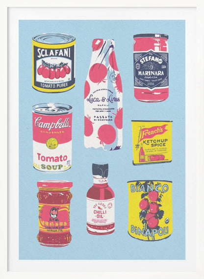 An illustrated art print featuring nine different vintage-style tomato products arranged in a grid on a light blue background. Products include Campbell's Tomato Soup, Sclafani Tomato Puree, and various other sauces, oils, and canned tomatoes. Artwork
