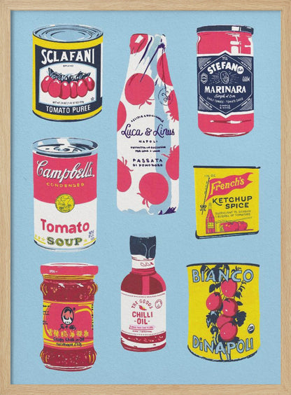 An illustrated art print featuring nine different vintage-style tomato products arranged in a grid on a light blue background. Products include Campbell's Tomato Soup, Sclafani Tomato Puree, and various other sauces, oils, and canned tomatoes. Artwork