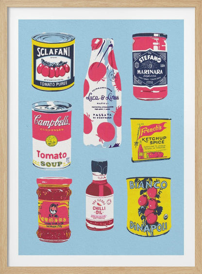 An illustrated art print featuring nine different vintage-style tomato products arranged in a grid on a light blue background. Products include Campbell's Tomato Soup, Sclafani Tomato Puree, and various other sauces, oils, and canned tomatoes. Artwork