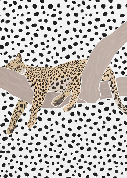 A graphic illustration of a spotted leopard sleeping on a smooth, tan tree branch. The entire background is a pattern of irregular black polka dots on a white field, creating a bold, modern aesthetic. Artwork