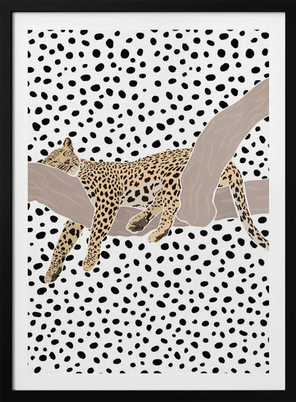 A graphic illustration of a spotted leopard sleeping on a smooth, tan tree branch. The entire background is a pattern of irregular black polka dots on a white field, creating a bold, modern aesthetic. Artwork