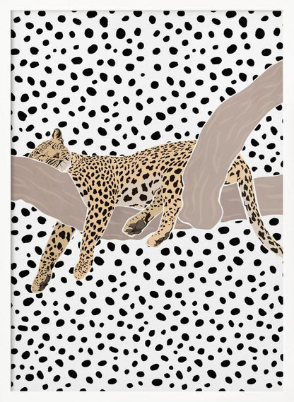 A graphic illustration of a spotted leopard sleeping on a smooth, tan tree branch. The entire background is a pattern of irregular black polka dots on a white field, creating a bold, modern aesthetic. Artwork