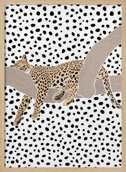 A graphic illustration of a spotted leopard sleeping on a smooth, tan tree branch. The entire background is a pattern of irregular black polka dots on a white field, creating a bold, modern aesthetic. Artwork