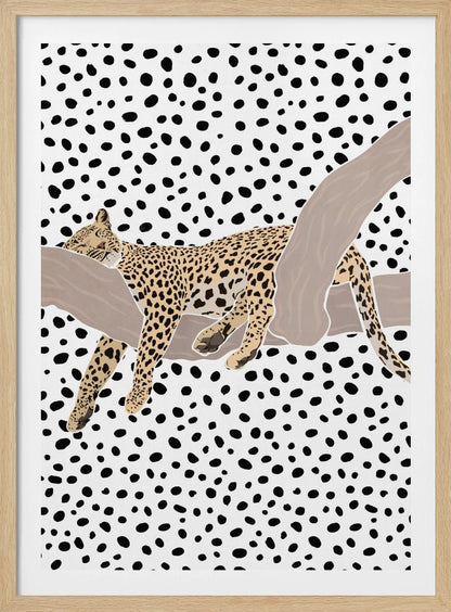 A graphic illustration of a spotted leopard sleeping on a smooth, tan tree branch. The entire background is a pattern of irregular black polka dots on a white field, creating a bold, modern aesthetic. Artwork