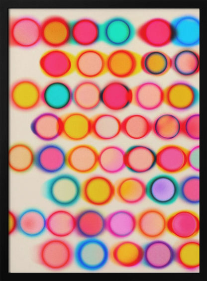 An abstract artwork in a black frame featuring rows of colorful, blurry circles on a cream background. The circles, in shades of pink, yellow, blue, and orange, have a soft-focus, glowing effect and overlap, creating a vibrant, energetic pattern with a slight 3D appearance. Poster