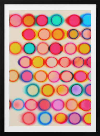 An abstract artwork in a black frame featuring rows of colorful, blurry circles on a cream background. The circles, in shades of pink, yellow, blue, and orange, have a soft-focus, glowing effect and overlap, creating a vibrant, energetic pattern with a slight 3D appearance. Poster