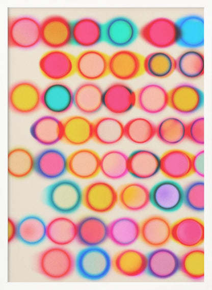 An abstract artwork in a black frame featuring rows of colorful, blurry circles on a cream background. The circles, in shades of pink, yellow, blue, and orange, have a soft-focus, glowing effect and overlap, creating a vibrant, energetic pattern with a slight 3D appearance. Poster